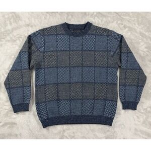 Bill Blass Sweater Mens L‎ Dad Grandpa Patchwork Checkered Boxy Color Block Blue
